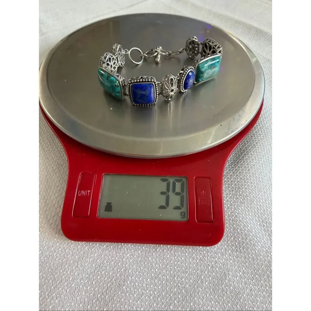 ATI Sterling Silver 925 Lapis Lazuli Turquoise Cabochon Panel Toggle Bracelet